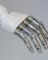 Robotic hand with metallic fingers and white plastic parts closeup. Advanced prosthetic technology and artificial intelligence concept. Modern biomechanical engineering