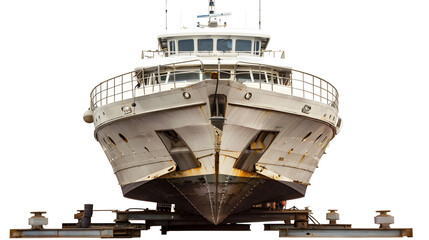 Naklejka premium Luxury Motor Yacht Moored for Repairs and Service in Dry Dock Setting