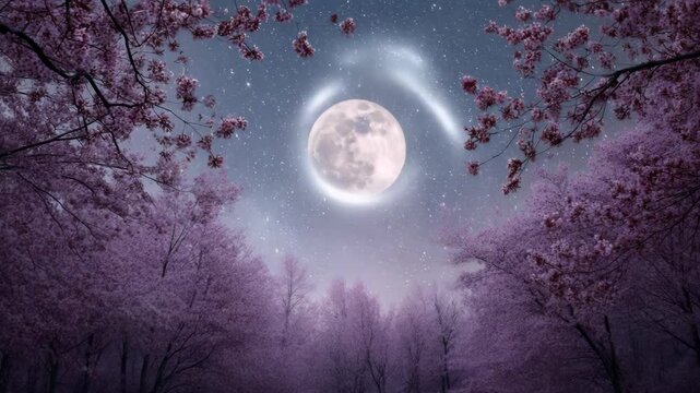 Enchanting full moon shines through cherry blossom trees, illuminating the serene night sky filled with stars and dreamy cosmic swirls.