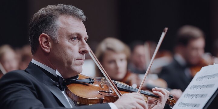 Caucasian man playing violin in orchestra during classical performance. Professional musician with string instrument at concert hall. Traditional classical music event