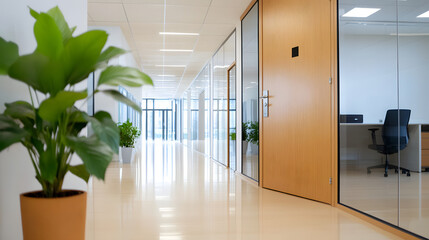 Fototapeta premium Modern office corridor with blurred interior and door bright environment professional viewpoint