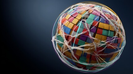 Obraz premium Abstract globe composed of colorful patterns and interwoven lines against a dark background.