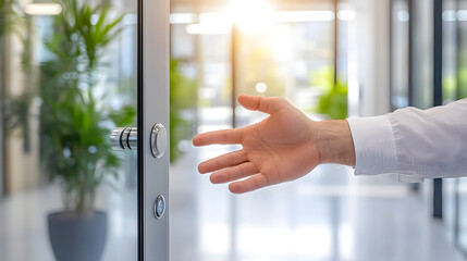 Opening door to success professional hand gesture in modern office space bright environment