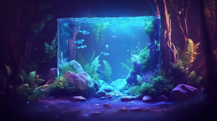 Glowing aquarium in dark forest scene