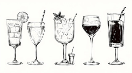 Six sketched cocktails, ice, garnishes, white background; menu design