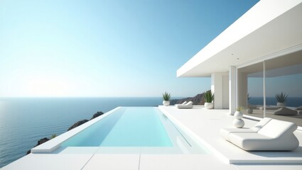 Surreal and vibrant cinematic capture of a modern house overlooking the ocean with unique architectural elements