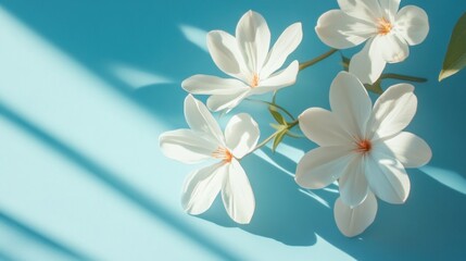 White magnolia blossoms on a blue background in sunlight.