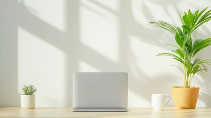Modern office desk setup with closed laptop and coffee in bright minimalist space