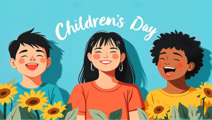 Diverse illustrated children smiling for International Children's Day poster and school designs