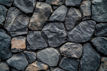 Black stone wall texture ideal for interior design or wallpaper. Dark rock surface in a dimly lit room, featuring 2/3 space for text overlay. Perfect for modern aesthetics.