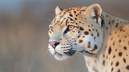 Naklejka premium Close up view of leopard head against blurred winter background. Wild cat portrait with spotted fur pattern. Wildlife conservation and endangered species concept