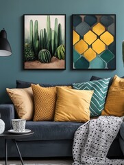 Paintings of cactus and hexagons hanging over a cozy sofa with many pillows standing next to a black lamp in living room interior illustration