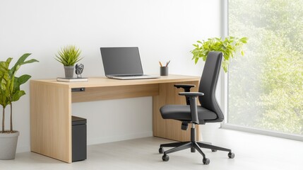 Fototapeta premium Modern office desk setup with laptop and coffee bright workspace minimalist design indoor view