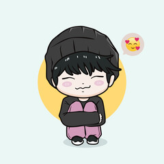 Kawaii chibi character wearing a jacket, smiling with a happy expression. Cute and cheerful anime-style illustration.