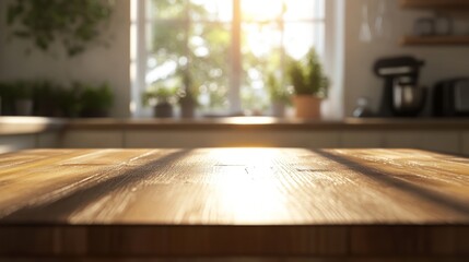 Sunlit wooden kitchen table, blurred background. (1)