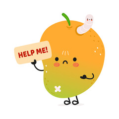 A cartoon Mango fruit character holding a help sign with a worm inside it, needing assistance.