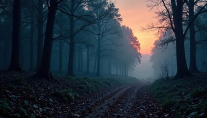 Mysterious forest at dusk with silver metal texture and soft transition gradient effect , twilight, glow