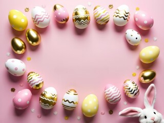Easter party. Top view photo of easter bunny ears white pink and yellow eggs on pink background. Congratulatory easter background.