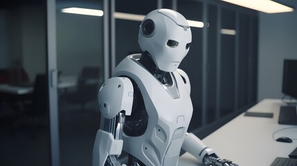 Robots with artificial intelligence operating in a contemporary office or data center. In the office, humans and a futuristic robot with artificial intelligence coexist. Business assistance.