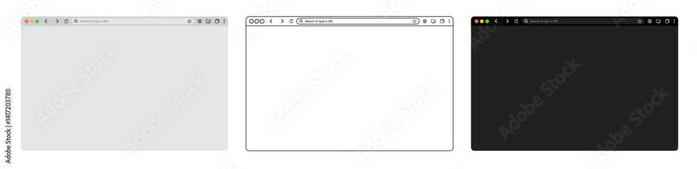 Fototapete browser window Website mockup template with frames for PC, laptop, tablet, and mobile. Includes light, dark, and night modes. Vector illustration for UI and web design presentations.	
