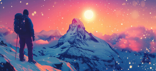 Obraz premium Majestic Matterhorn Mountain at Sunset with Snowfall, Hiker Silhouette, Vibrant Colors, Winter Adventure, Scenic Landscape, copy space for text.