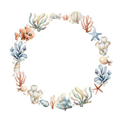 Sea Ocean Fish Plants Wreath. Cute clown fish, angelfish, seaweed, shell, pearl. Watercolor summer isolated illustration