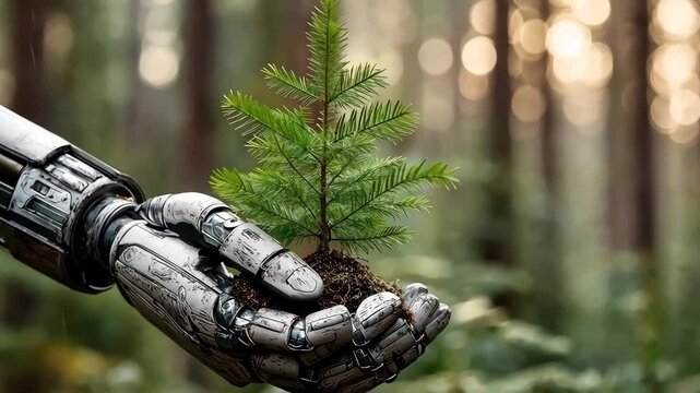 Robot hand gently holds small fir sapling with soil in forest, symbolizing environmental technology and future sustainability