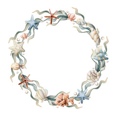 Sea Fishes Shell Starfish Seaweed Wreath. Cute ocean marine animals and plants. Watercolor summer isolated illustration