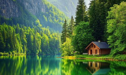 Serene lakeside cabin surrounded by lush green forest and mountains, reflecting in tranquil water.