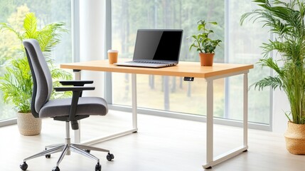 Fototapeta premium Modern office desk setup with laptop and coffee bright workspace minimalist design indoor view