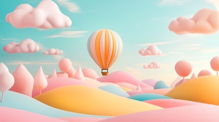 Pastel hot air balloon floats over whimsical landscape.