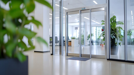 Modern office entrance with blurred interior perspective business environment professional setting