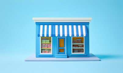 Colorful toy store with blue facade and striped awning showcasing vibrant displays of toys and games.