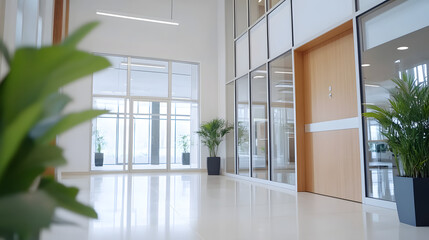 Modern office interior with blurred doorway sleek environment focus on space and design