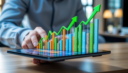 Person Analyzing Upward Trending 3D Bar Graph on Digital Tablet