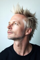 Obraz premium Elegant men's textured crop haircut - midlife white man with blond hair. A man with a stylish hairdo looking confident. Pure white solid background. Concept art of style for aging men.