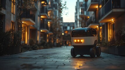 Robotic courier delivering package in urban night setting