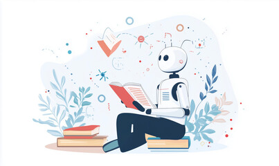 Robot reading book surrounded by plants and abstract elements, showcasing technology and knowledge acquisition.