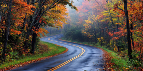 Fototapeta premium Winding road through vibrant autumn foliage in misty forest, showcasing colorful leaves and serene atmosphere.