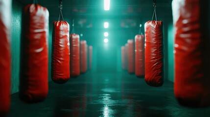 A moody and artistic representation of hanging red punching bags in a gym, showcasing a sense of anticipation and focus while highlighting vivid lighting and reflections.