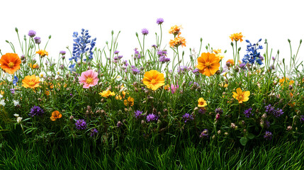 Green grass sprinkled with wildflowers, isolated on white background
