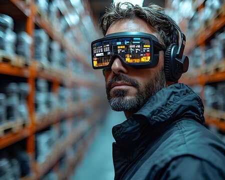 Warehouse manager inspecting inventory using augmented reality glasses
