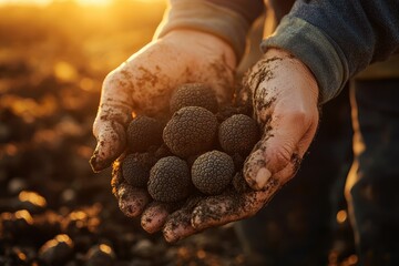Dirty hands hold freshly harvested black truffles at sunset. Showcase luxury food, agriculture, and the culinary arts.
