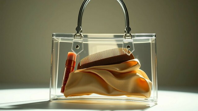 A clear transparent handbag containing a comb, a fabric piece, and a cosmetic tube placed symmetrically, illuminated under elegant modern lighting, evoking a sense of high-end style and utility.

