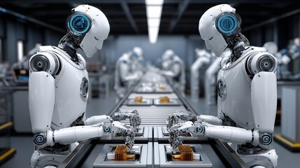 Fototapeta premium Two robots work on a conveyer belt in a factory, assembly line work