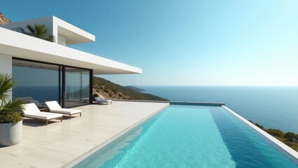 Fototapeta premium Luxurious house with a pool surrounded by lush greenery and modern design elements for ultimate relaxation