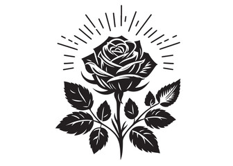 Vector silhouette of a rose flower logo silhouette vector, rose flower logo icon silhouette, black rose with leaves, rose flower silhouette vector illustration design on white background.