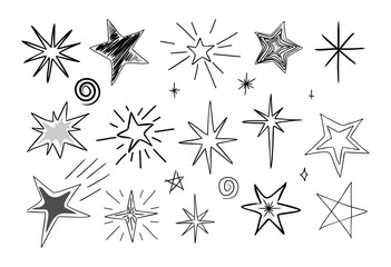 Stars hand drawn icons set. Collection of doodle Ink sketch style black and white drawings. Vector illustrations clipart isolated on transparent background.	