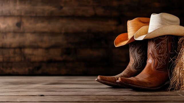 The image portrays an elegant display of cowboy boots with a rustic wooden backdrop, conveying a sense of western culture and tradition within a warm, inviting ambiance.