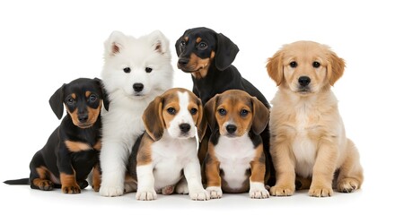 Adorable Puppy Portraits: A Group of Six Cute Dog Breeds in a Studio Setting